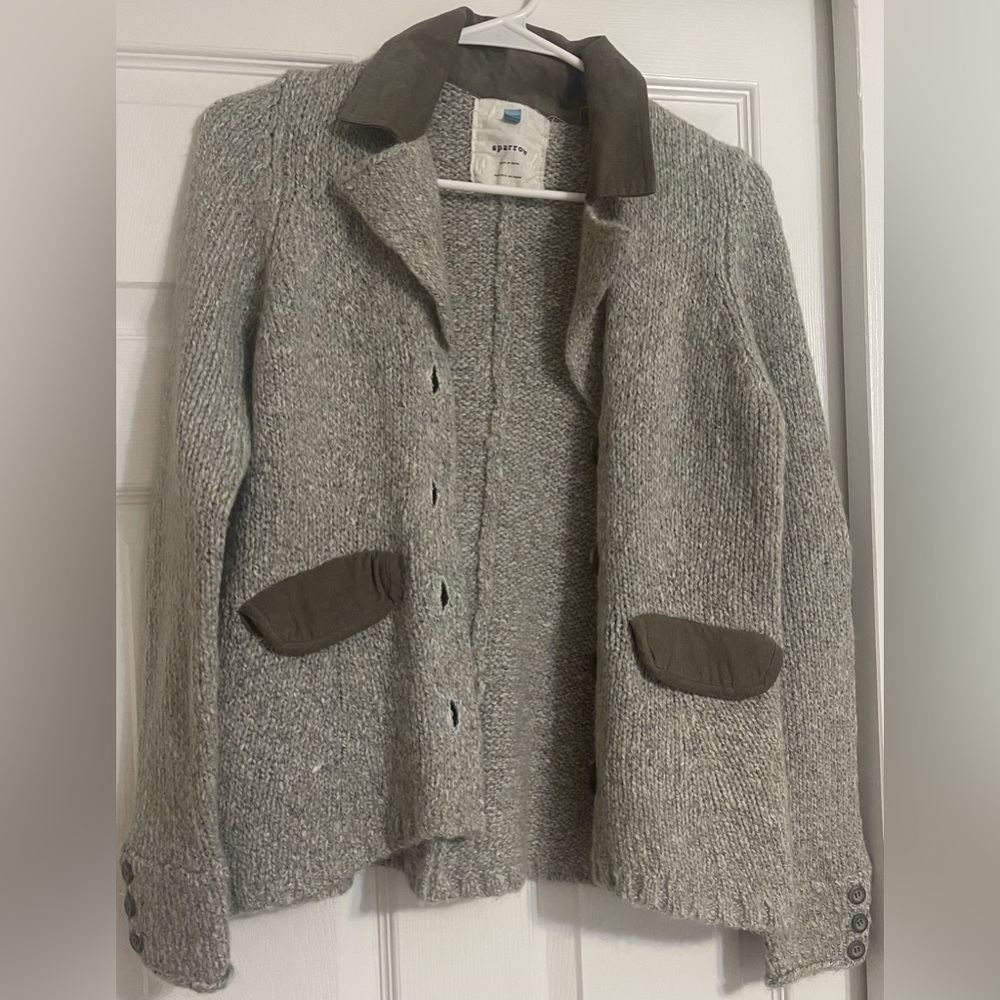 Anthropologie Sparrow Wool Mix Fitted Cardigan Size Small Elbow Patches Academia
